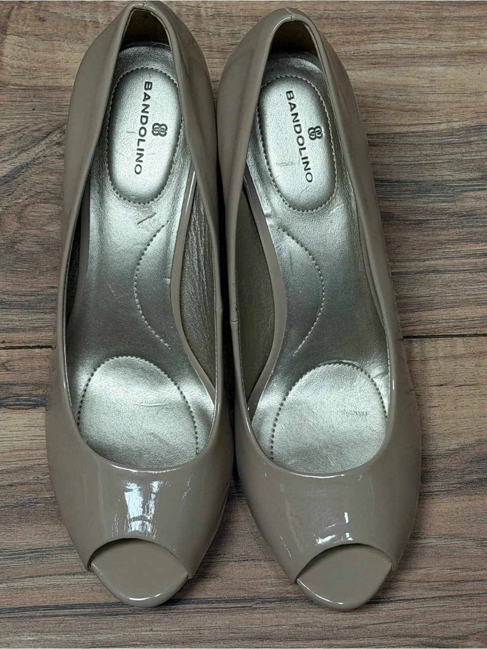 Bandolino Taupe Patent Peep-Toe Heels